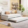 Twin Size Sofa Bed Upholstered Daybed With Trundle Frame No Box Spring Needed, Linen - Beige - Image 14