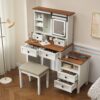 Farmhouse Makeup Vanity Desk With Adjustible LED Lighted Mirror And Charging Station For Bedroom, Dressing Vanity Table With Side Cabinet And Cushioned Stool - White - Image 3