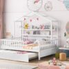 Full Size House Bed With Twin Size Trundle, Kids Bed With Shelf - White - Image 13
