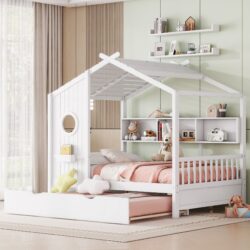 Full Size House Bed With Trundle, Modern Design For Kids With Storage Shlef - White