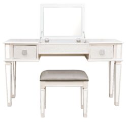 Elegant Mirrored Vanity Desk Set With Drawers And Flip Up Mirror, Silver Finish, Glass And Wood - White