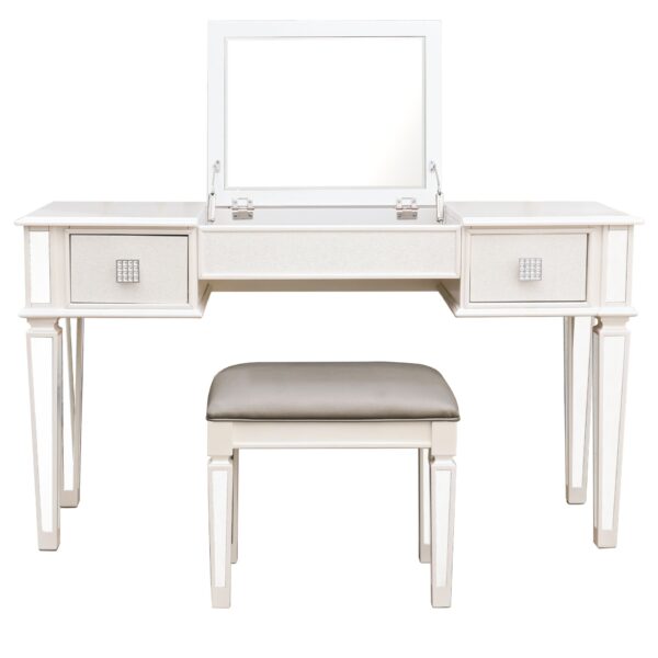 Elegant Mirrored Vanity Desk Set With Drawers And Flip Up Mirror, Silver Finish, Glass And Wood - White