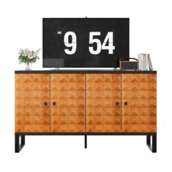 Modern Buffet Cabinet With Storage Space, Retro Style 4 Door Wooden Storage Cabinet, Multifunctional Decorative Cabinet With Geometric Patterns, Suitable For Living Room, Dining Room, Entrance - Orange / Yellow
