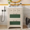 Bathroom Vanity With Ceramic Sink, Bathroom Vanity Cabinet With 2 Drawers, Wooden Bathroom Sink Cabinet - Beige / Green - Image 22
