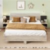 King Size Floating Platform Bed, With LED Lights, Bedside Nightstand - Natural - Image 9