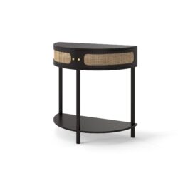 Boho Rattan Semi Circle End Table With Sliding Door, Elegant Wood Accent Table With Storage And Bottom Shelf - Black
