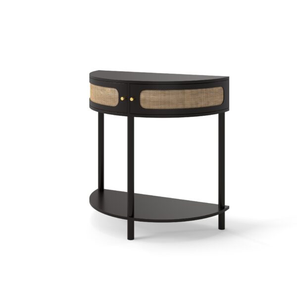 Boho Rattan Semi Circle End Table With Sliding Door, Elegant Wood Accent Table With Storage And Bottom Shelf - Black
