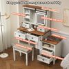 Farmhouse Makeup Vanity Desk With Adjustible LED Lighted Mirror And Charging Station For Bedroom, Dressing Vanity Table With Side Cabinet And Cushioned Stool - White - Image 5