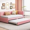 Upholstered Daybed With Trundle Twin Size Sofa Bed Frame No Box Spring Needed, Linen - Pink - Image 14