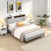 Modern Queen Size Upholstered Platform Bed Frame With Button Tufted Linen Fabric Headboard And USB Ports - Light Gray - Image 4