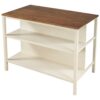 Solid Wood Rustic 3 Piece Stationary Kitchen Island Set With 2 Seatings, Rubber Wood Butcher Block Dining Table Set Prep Table Set With 2 Open Shelves For Small Places - Walnut / Cream White - Image 17