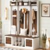 5 In 1 Entryway Bench With Coat Rack, 7 Sturdy Hooks, 2 Spacious Drawers And Adjustable Shelves, Wide Hall Tree With Metal Handles For Hallway - Brown / White - Image 9