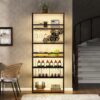 LED Tall Wine Rack Freestanding Floor, 7 Tier Wine Baker Rack With Glass Holder & Wine Storage, Industrial Wine Display Shelf Wine Bar Cabinet For Bar, Kitchen, Dining Room - Walnut / Black - Image 9