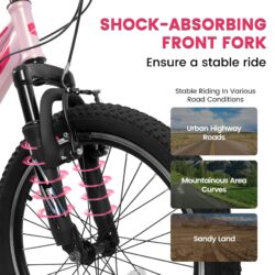 20" Children's Bicycle Shock Absorbing Front Fork 7 Speed V Brakes Mountain Tire Boys And Girls Kids Bike For Outdoor Adventure - Pink