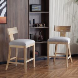 Counter Stools (Set of 2), Upholstered Counter Height Bar Stools With Solid Rubber Wood Frame, Backrest, Footrest, Armless Barstools For Home Bar, Kitchen Counter - Pebble Linen / Natural