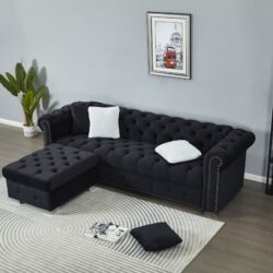 Reversible Sectional Sofa 4 Seater Oversized Convertible L Shaped Couch Velvet Sofa Couch - Black