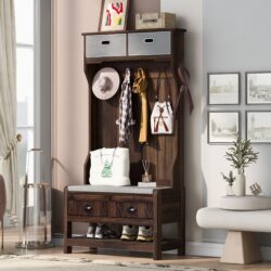 Hall Tree With 6 Hooks And Hinged Lid, Coat Hanger, Entryway Bench, Storage Bench, 3 In 1 Design, For Entrance, Hallway - Brown