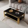 Top And Bottom Double Layer Tempered Glass Coffee Table And Mirror Finished Stainless Steel Frame - Black / Gold - Image 11