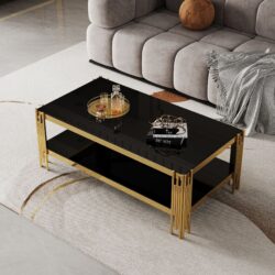 Top And Bottom Double Layer Tempered Glass Coffee Table And Mirror Finished Stainless Steel Frame - Black / Gold