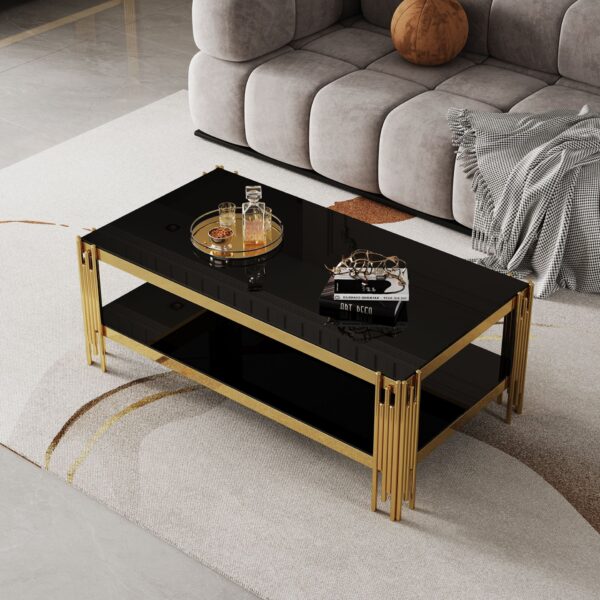 Top And Bottom Double Layer Tempered Glass Coffee Table And Mirror Finished Stainless Steel Frame - Black / Gold