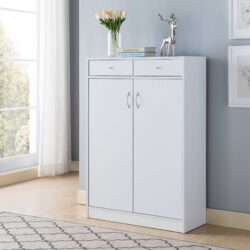 Shoe Storage Cabinet With Fives Shelves, Two Drawers, Fits 15 Pairs Of Shoes - White