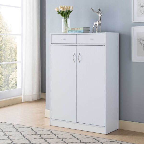 Shoe Storage Cabinet With Fives Shelves, Two Drawers, Fits 15 Pairs Of Shoes - White