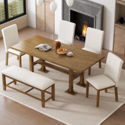 Topmax - 6 Piece Farmhouse Extendable Dining Table Set Trestle Kitchen Table Set With Removable Leaf And Upholstered Dining Chair And Bench For Dining Room - Dark Brown