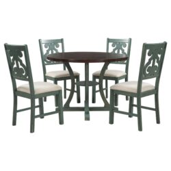Retro Style 5 Piece Round Dining Table Set With Storage Shelf And Fabric Chairs - Antique Blue / Dark Brown