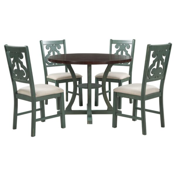 Retro Style 5 Piece Round Dining Table Set With Storage Shelf And Fabric Chairs - Antique Blue / Dark Brown