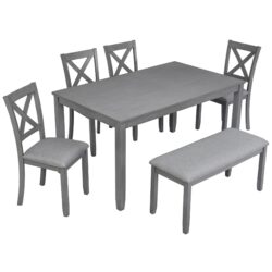 6 Pieces Kitchen Dining Set, Rectangular Wooden Dining Table With 4 Upholstered Chairs And A Bench, Dining Table Set For 6 People - Gray