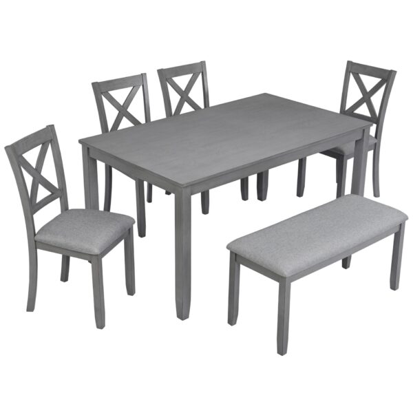 6 Pieces Kitchen Dining Set, Rectangular Wooden Dining Table With 4 Upholstered Chairs And A Bench, Dining Table Set For 6 People - Gray
