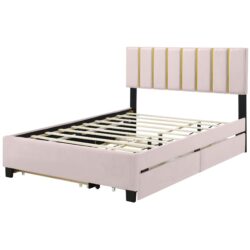 Queen Size Upholstered Platform Bed With 2 Drawers And 1 Trundle, Classic Strip Headboard Design - Pink