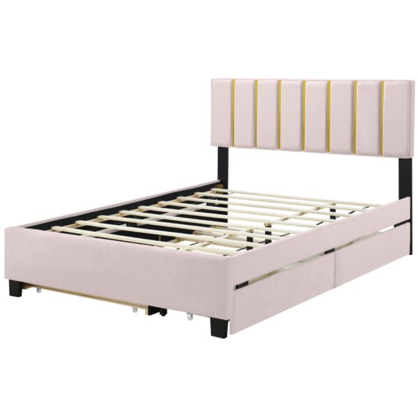 Queen Size Upholstered Platform Bed With 2 Drawers And 1 Trundle, Classic Strip Headboard Design - Pink