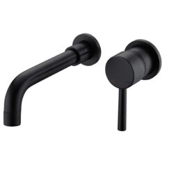 Modern Wall Mount Single Handle Bathroom Sink Faucet, Curved Spout - Matte Black Brass