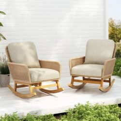Contemporary Minimalist Wicker Rocking Chair With Soft Polyester Cushions And Durable Wooden Frame - Beige