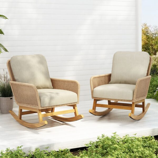 Contemporary Minimalist Wicker Rocking Chair With Soft Polyester Cushions And Durable Wooden Frame - Beige