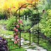 Metal Garden Arch With Gate Wide High Climbing Plants Support Rose Arch Outdoor - Black - Image 7