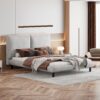 Queen Size Upholstered Platform Bed With 2 Large Headrests And Thick - Beige - Image 8