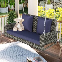 2 Person Wicker Hanging Porch Swing With Chains, Cushion, Pillow, Rattan Swing Bench For Garden, Backyard - Gray / Blue