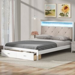 Elegant Wood Queen Size Platform Bed With Upholstered Headboard Led And Storage Drawers In Antique - Antique White