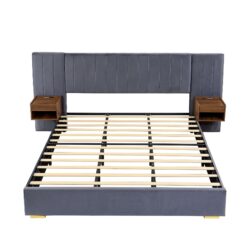 Upholstered King Size Bed Frame Of Velvet Tufted Headboard With Floating Nightstand LED / USB Built - Gray