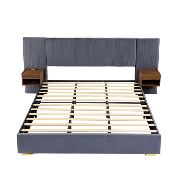 Upholstered King Size Bed Frame Of Velvet Tufted Headboard With Floating Nightstand LED / USB Built - Gray