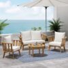 4 Pieces Acacia Wood Patio Furniture Set, Outdoor Furniture With Coffee Table, Patio Conversation Set Deep Seating With Soft Cushion, Porch Chairs For Backyard Porch Balcony - Teak / White - Image 2