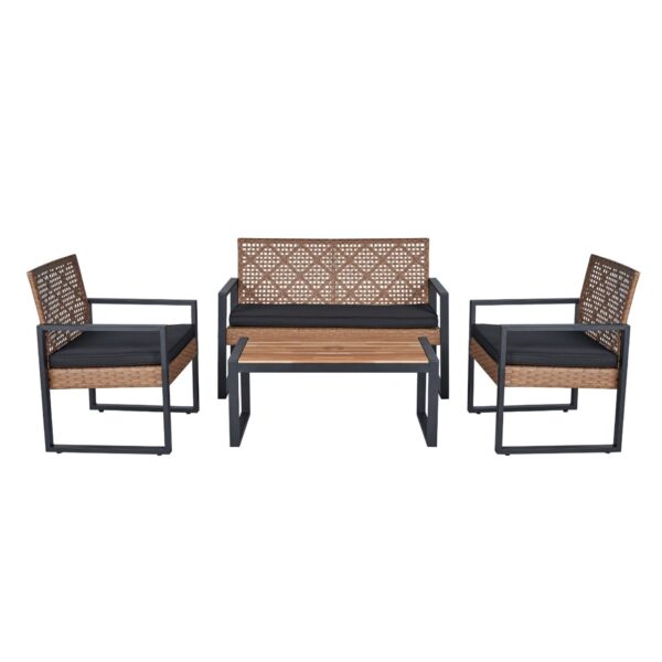 4 Piece Patio Furniture Set Outdoor Balcony Porch Garden Backyard Lawn Furniture Acacia Wood Table Top, Morden - Black And Light Brown