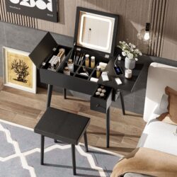 Makeup Vanity Desk With Flip Top Mirror And LED Light, Dressing Table With Charging Station, 2 Drawers And Fold Up Panel, Vanity Set With Cushioned Stool For Bedroom - Black