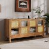 Retro 4 Door Sideboard With Large Storage Space, Artificial Rattan Doors - Transparent Glass - Antique Brown - Image 6