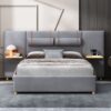 Queen Upholstered Platform Bed, 2 Outlets And USB Charging Ports On Both Sides, 2 Bedside Pillows, Storage Shelves - Gray - Image 10