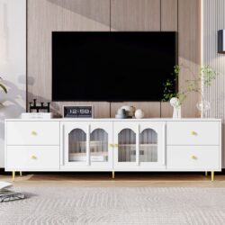 Modern TV Stand For TVs Up To 75", Entertainment Center With Glass Door, 4 Drawers And 2 Cabinets, 5 Metal Legs And Metal Handles For Living Room - White