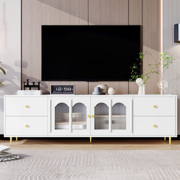 Modern TV Stand For TVs Up To 75", Entertainment Center With Glass Door, 4 Drawers And 2 Cabinets, 5 Metal Legs And Metal Handles For Living Room - White