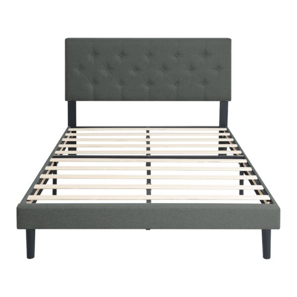 Twin Size Upholstered Platform Bed Frame With Button Tufted Linen Fabric Headboard - Dark Gray